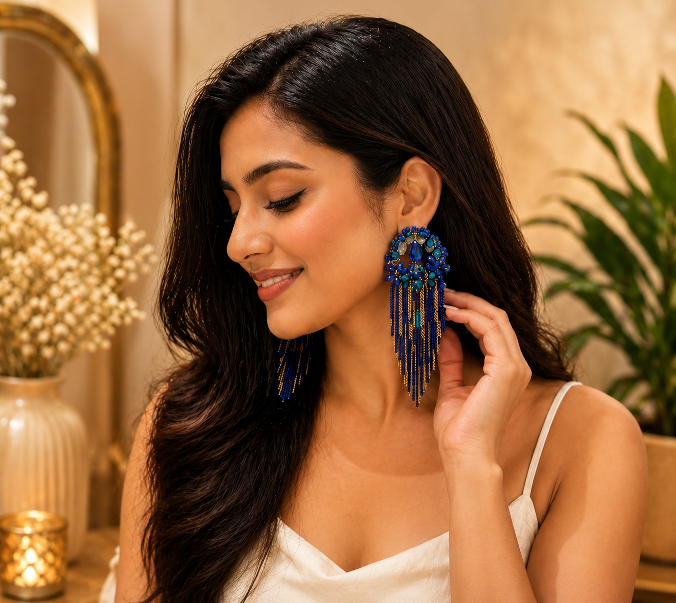 Royal Blue Tassel Statement Earrings
