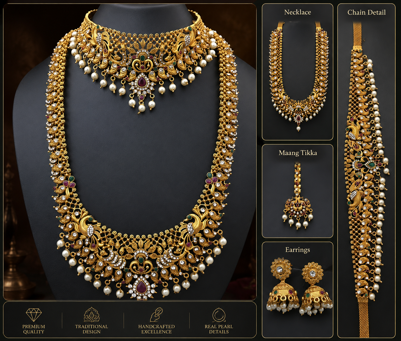 Royal Temple Pearl Bridal Jewellery Set
