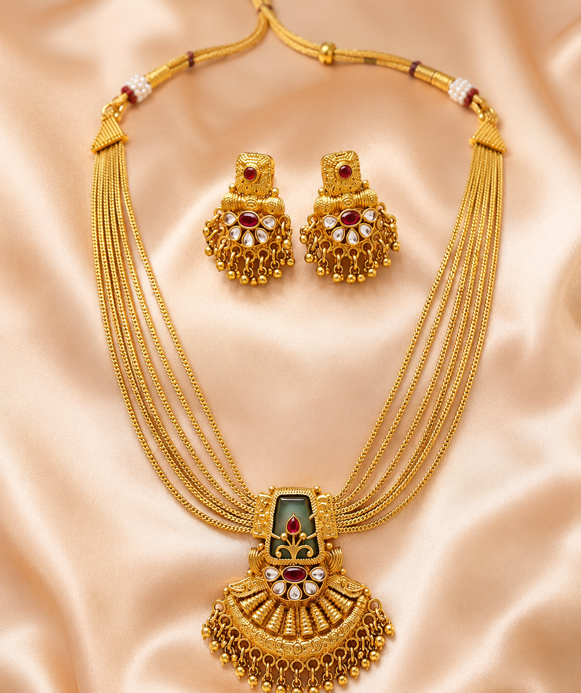 Nysha Traditional Antique Gold-Finish Temple Necklace Set with Emerald & Ruby Accents
