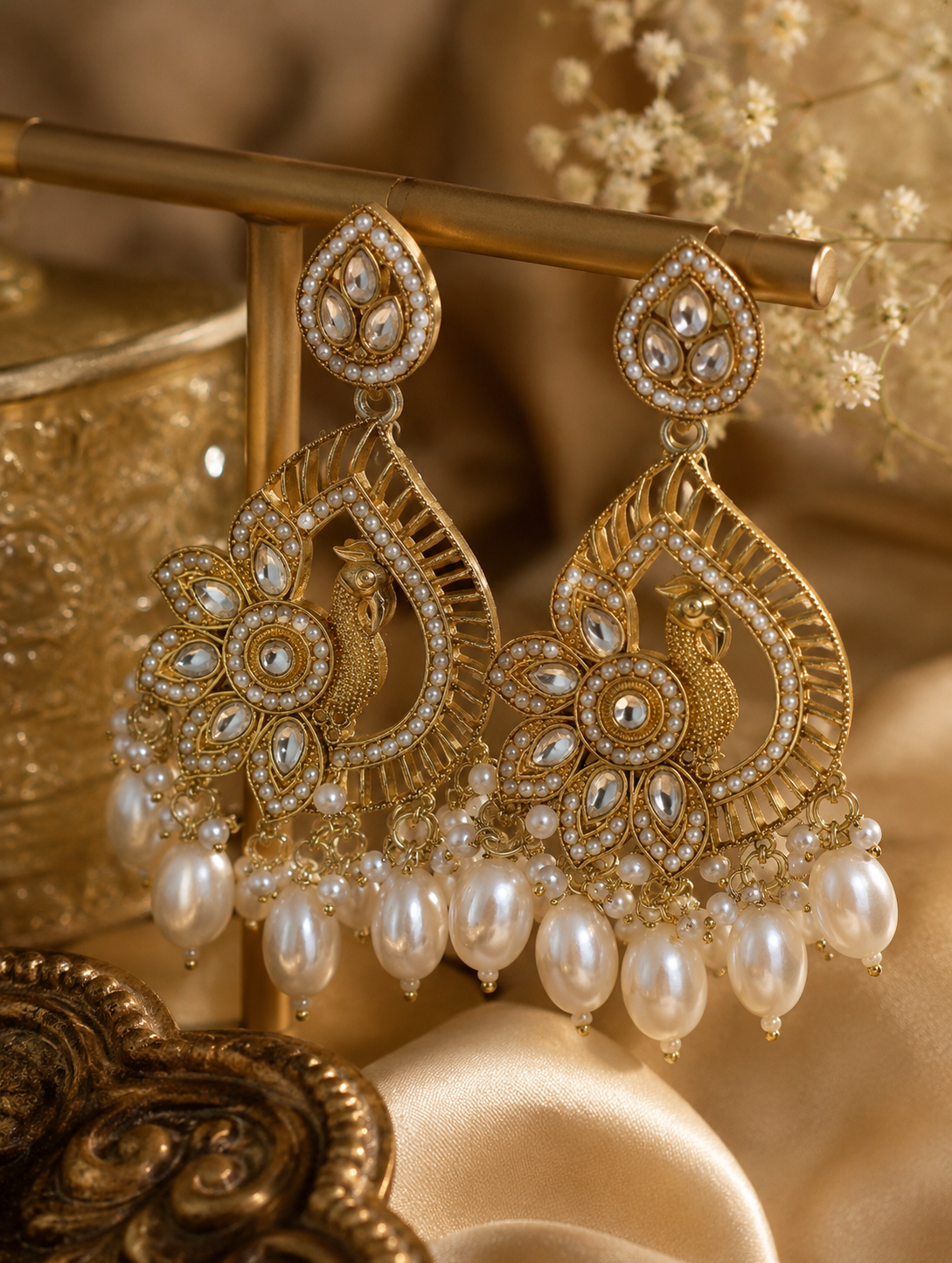 Peacock Pearl Chandbali Statement Earrings