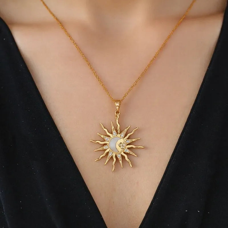 All-Match Sun Diamond-Studded Necklace Fashion Alloy Moon Pendant