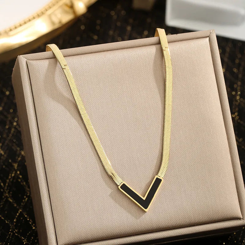 Sexy V-Shape Pendant Flat Snake Chain Necklace Stainless Steel Plated 18K For Women Luxury Style