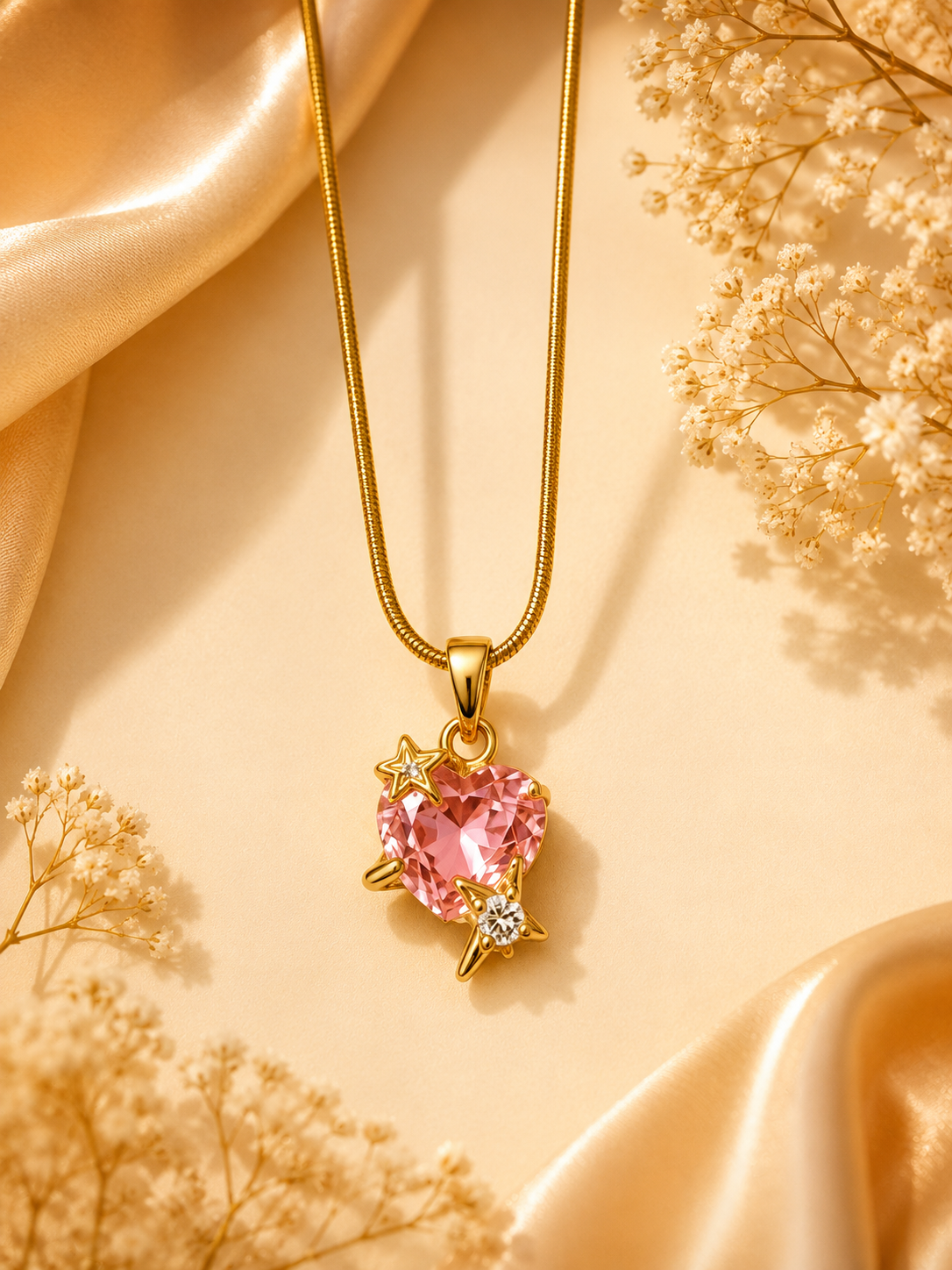 Pink Crystal Heart Pendant Necklace – Elegant Gold-Plated Charm Necklace