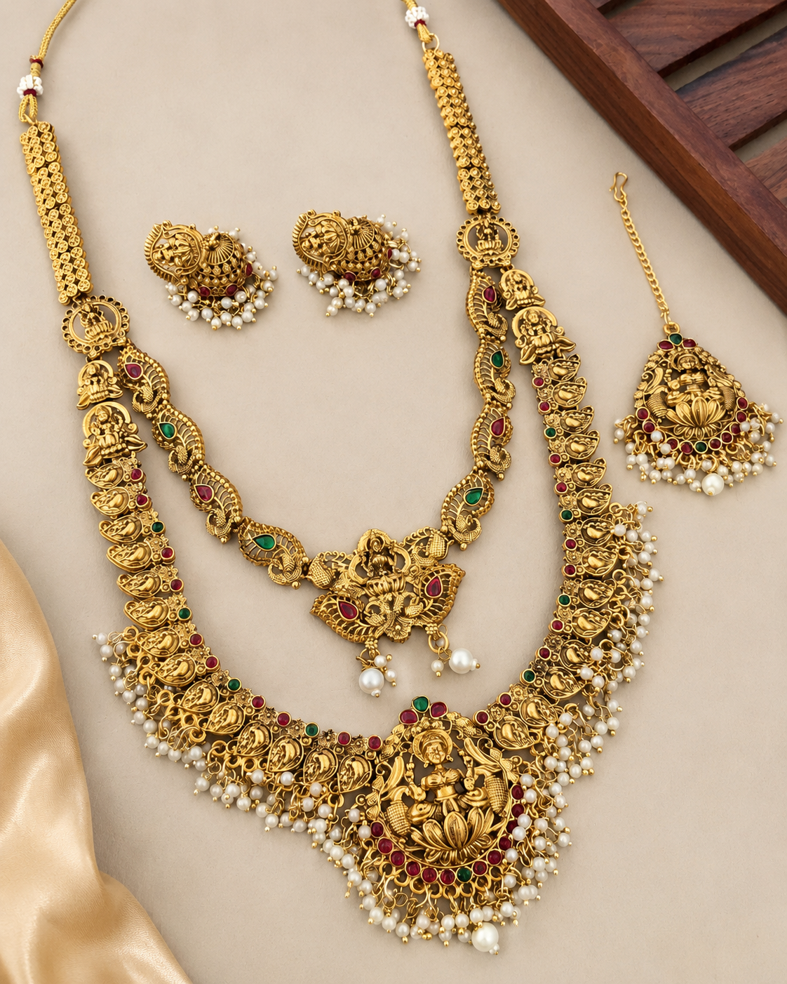 Lakshmi Temple Bridal Haram Set with Pearl Drops