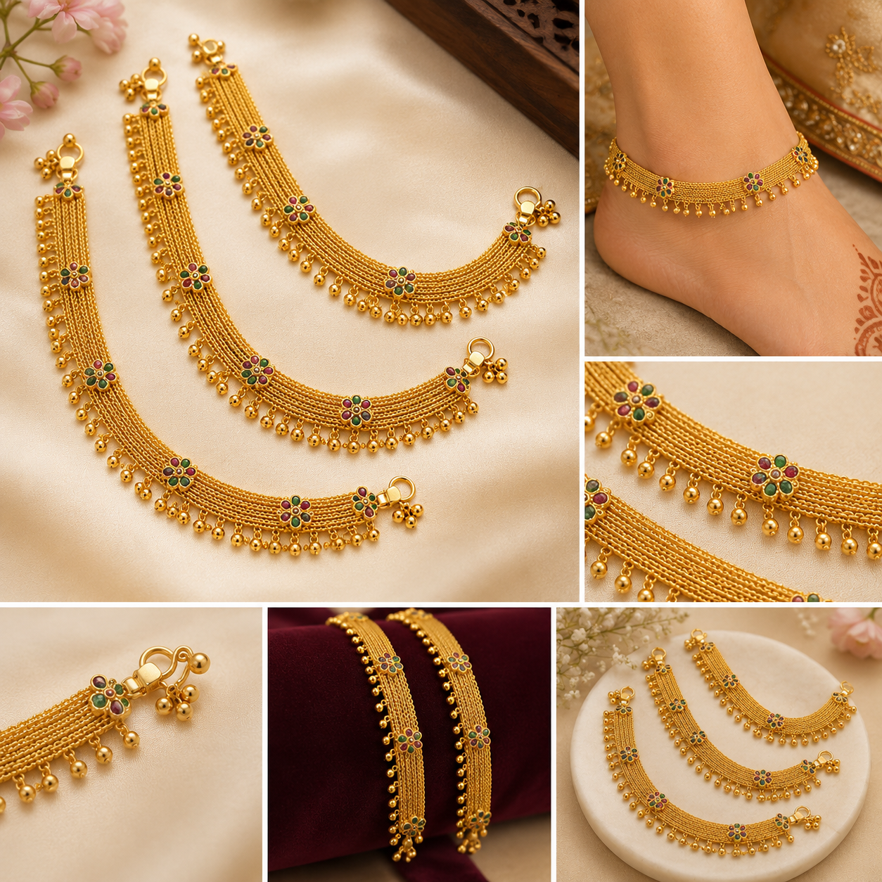Traditional Floral Gold Payal Anklet Pair for Women