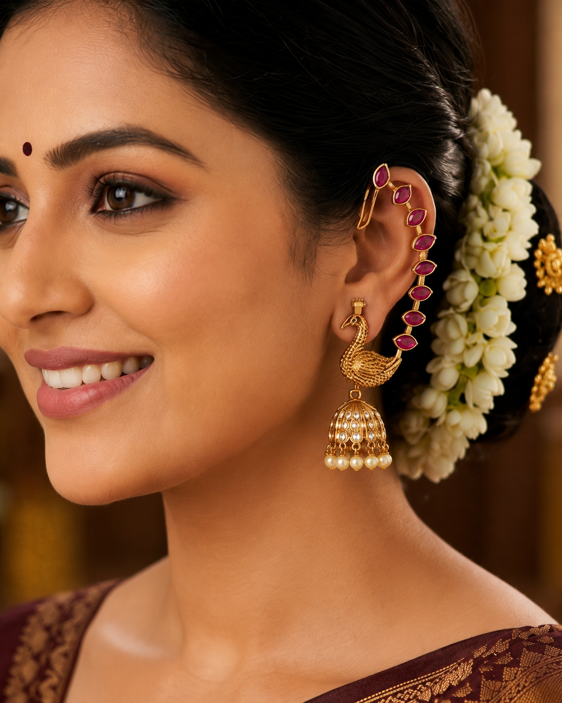 Royal Peacock Ear Cuff Jhumka Earrings – Premium Antique Gold Finish