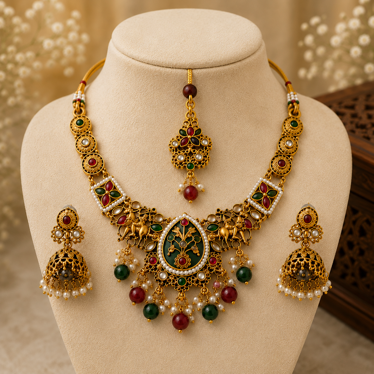 Traditional Kundan Necklace Set with Jhumka Earrings