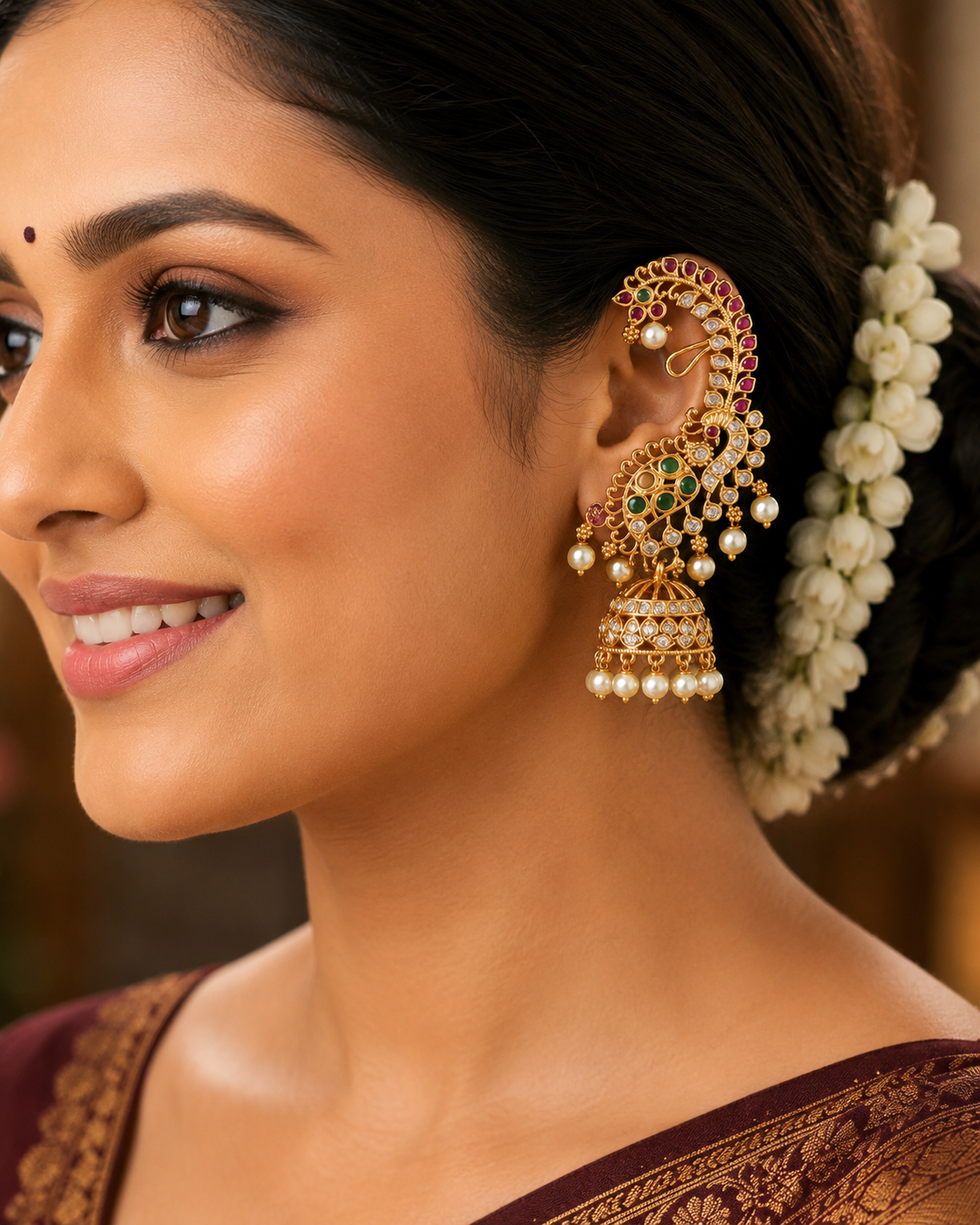 Royal Ear Cuff Jhumka Earrings – Ruby & Emerald Design