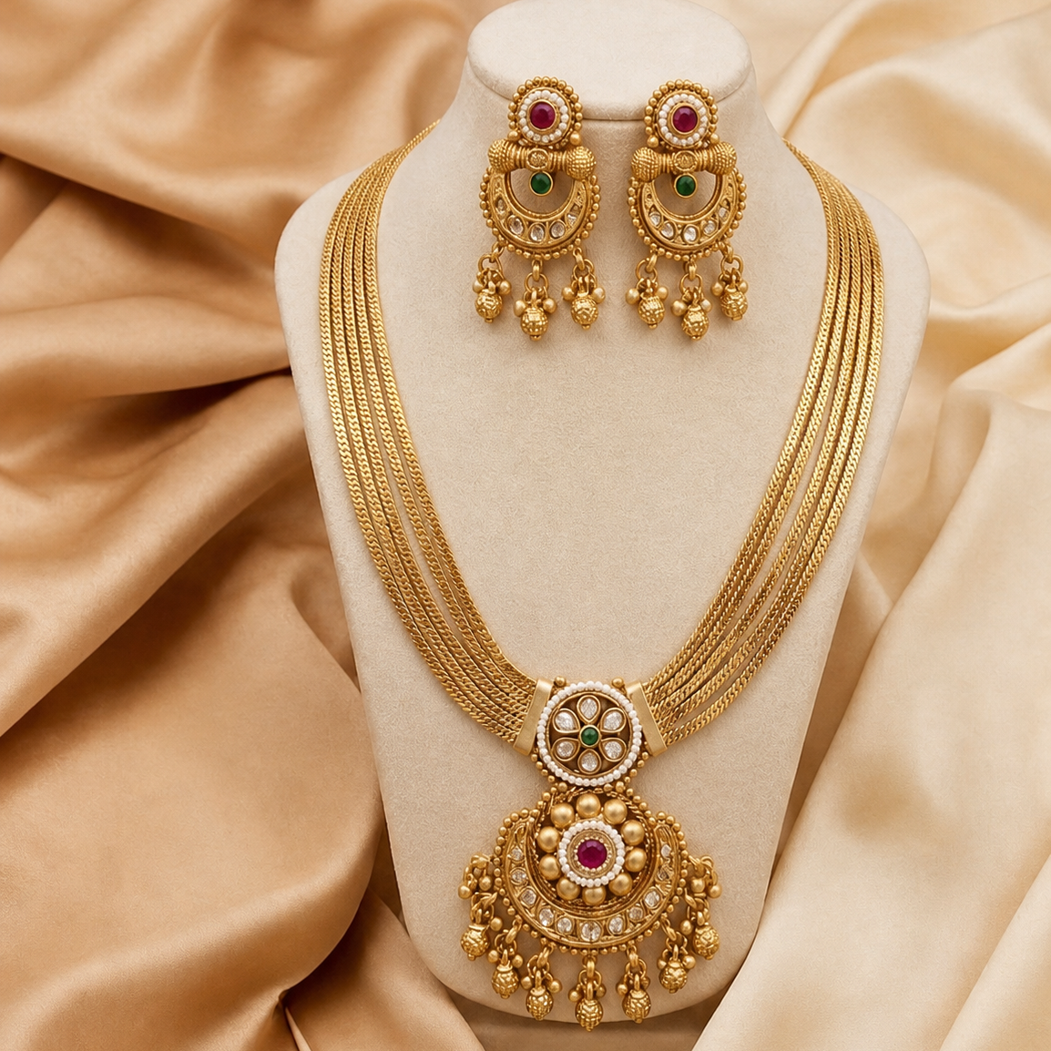 Ornate necklace and earrings.
