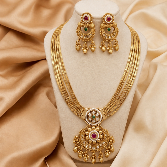 Ornate necklace and earrings.
