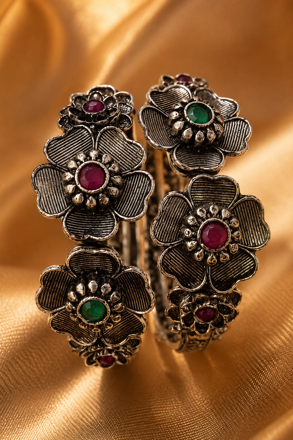 Oxidized Floral Stone Bracelet Pair for Women