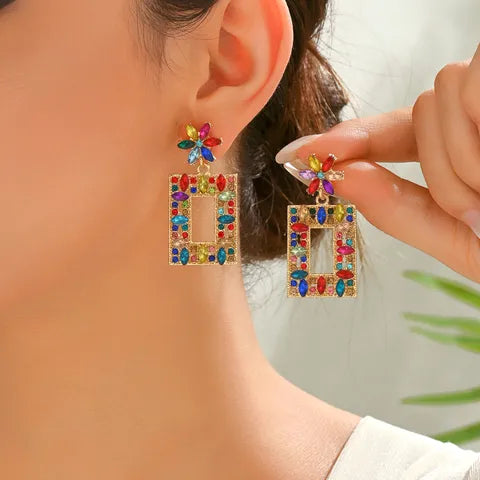 Rainbow Crystal Geometric Drop Earrings for Women | Colorful Statement Earrings