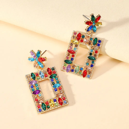 Rainbow Crystal Geometric Drop Earrings for Women | Colorful Statement Earrings