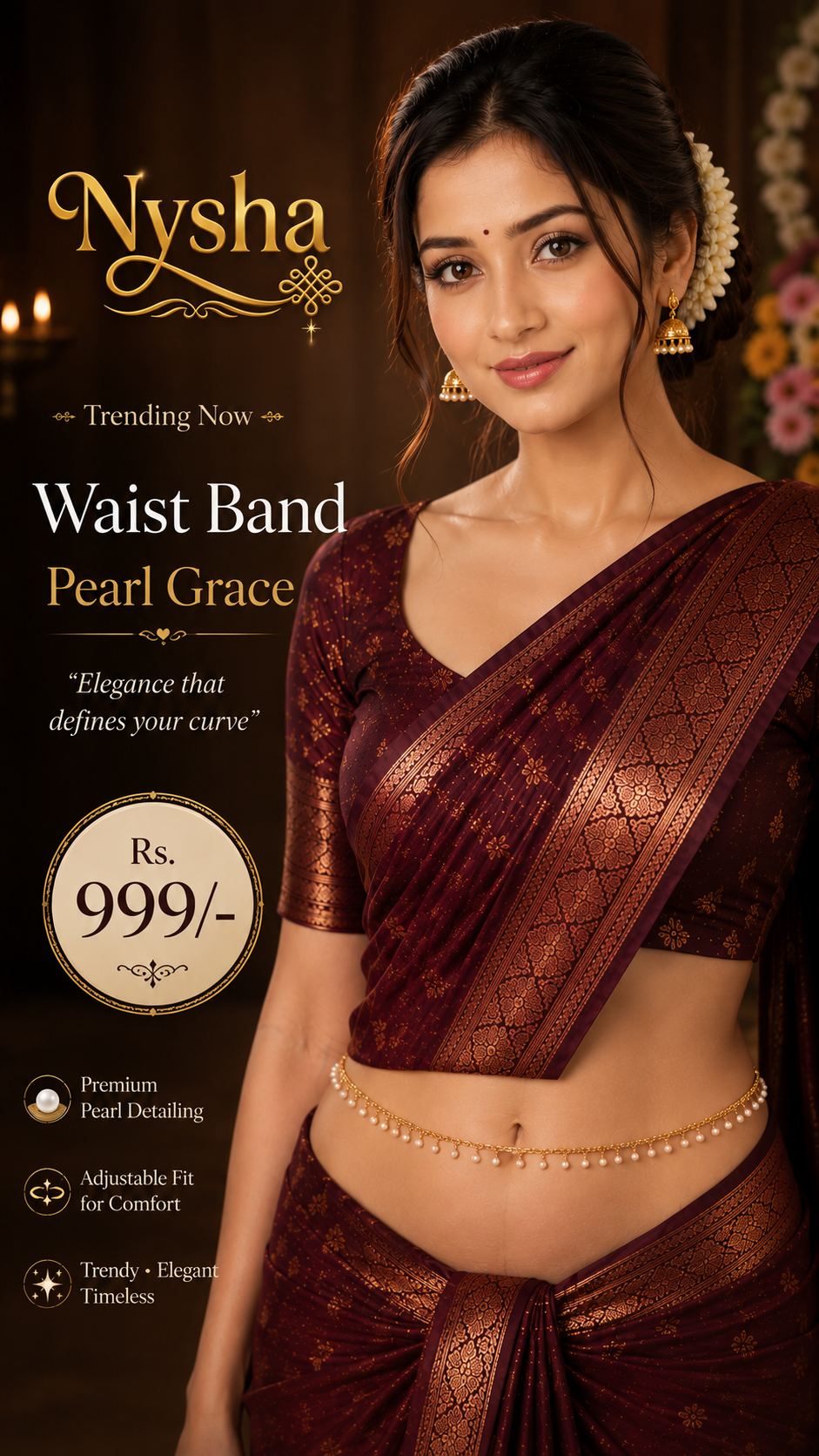 Nysha Pearl Grace Gold-Plated Pearl Waist Band for Women | Adjustable Kamarband | Bridal & Party Wear
