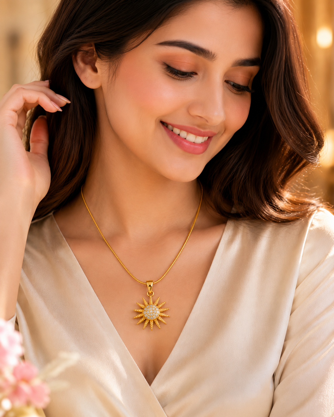 Sunburst Crystal Pendant Necklace – Radiant Gold-Plated Statement Pendant