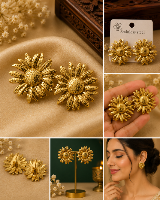 Golden Sunflower Statement Stud Earrings