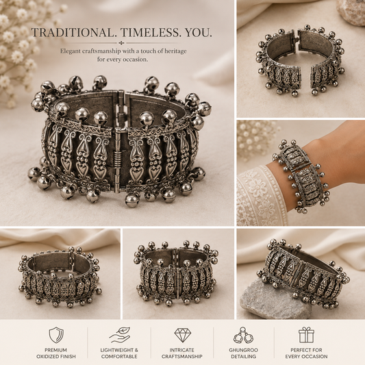Oxidized Ghungroo Cuff Bracelet for Women