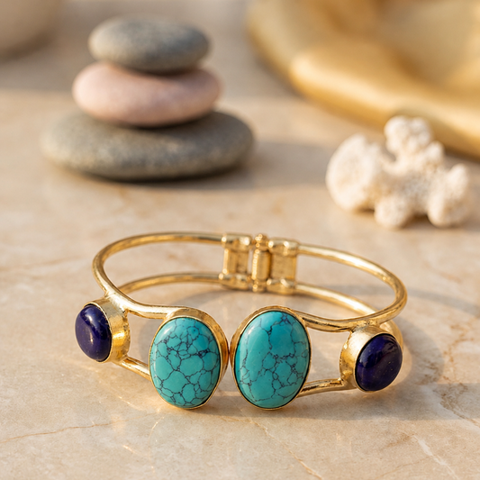 Gold bracelet with turquoise and purple stones