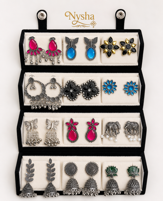 Set Of 12 Oxidized Designer Stud Earrings With Folding Jewelry Box