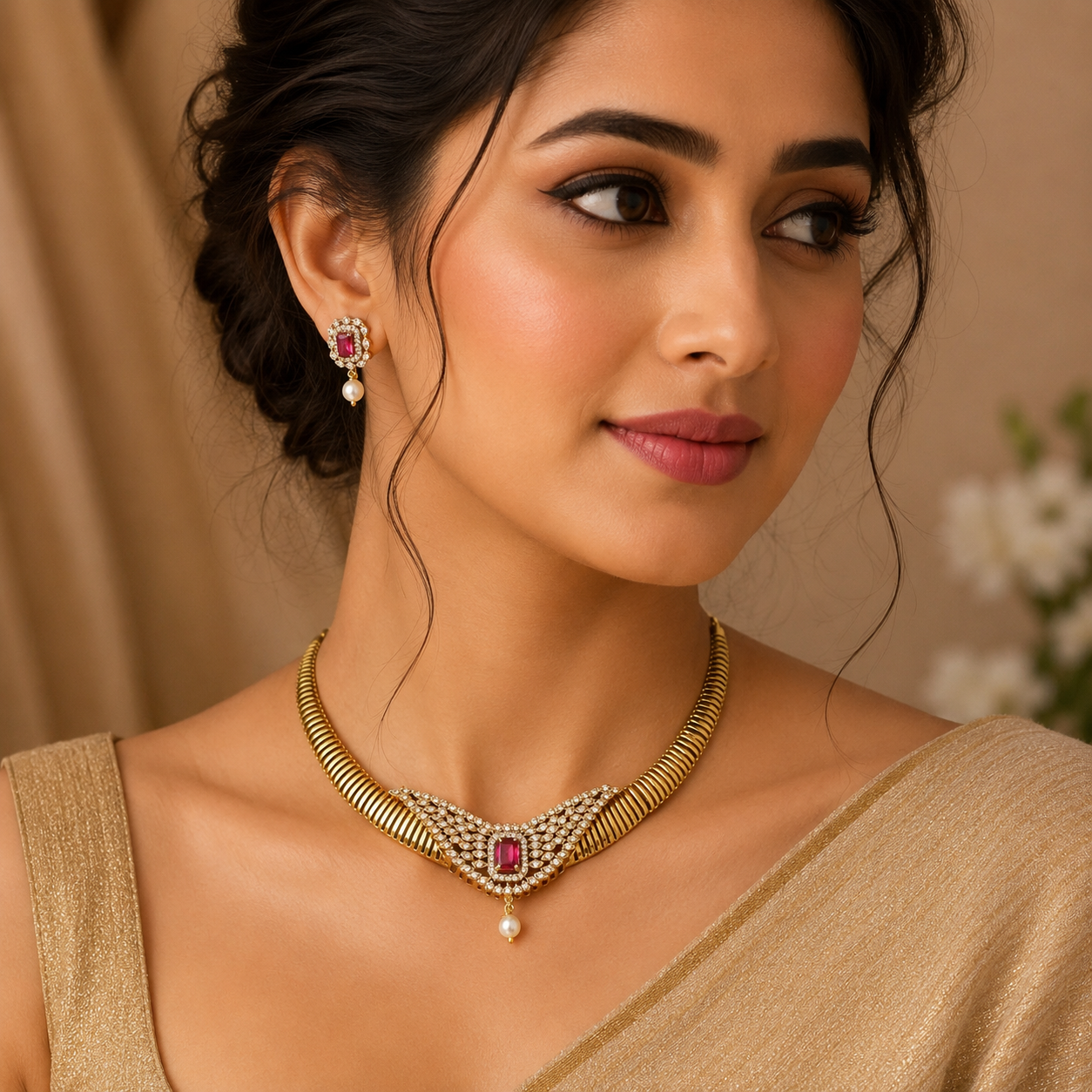Ruby Stone Gold Plated Necklace Set with Pearl Drops