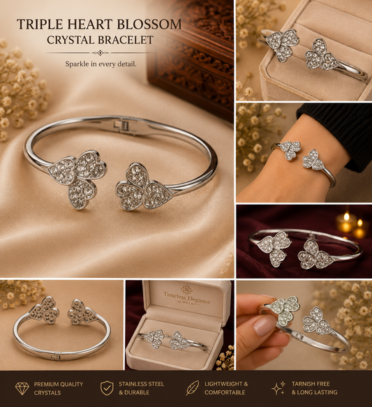 Triple Heart Crystal Open Bracelet