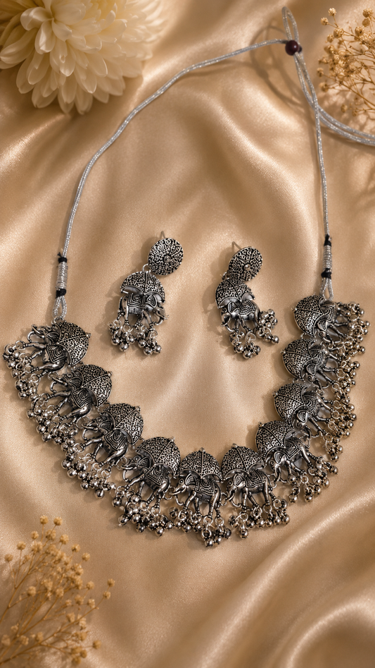 Royal Elephant Oxidised Statement Necklace Set