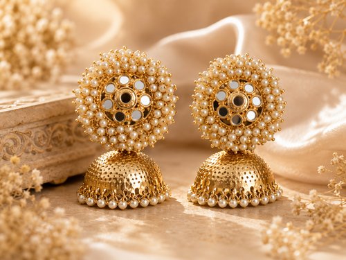 Royal Pearl Mirror Jhumka Earrings