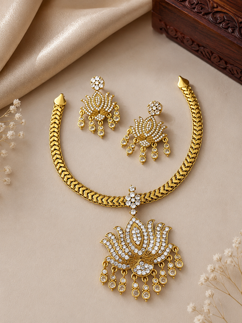 ✨ Royal Lotus AD Diamond Necklace Set with Earrings ✨