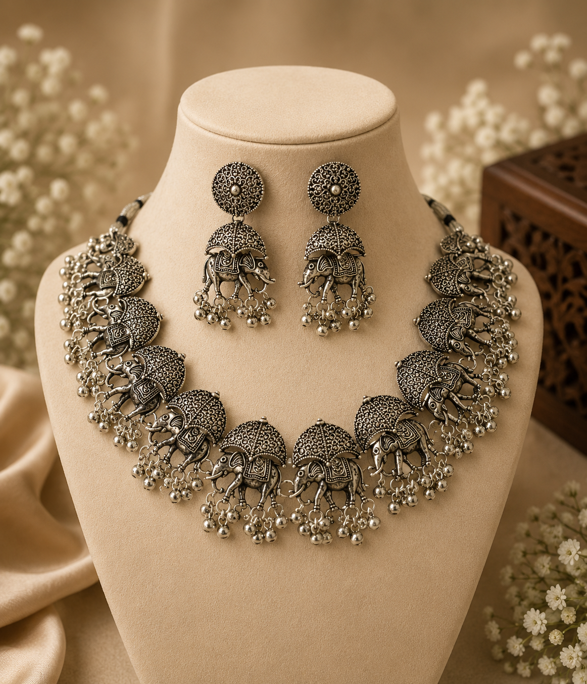 Royal Elephant Oxidised Statement Necklace Set