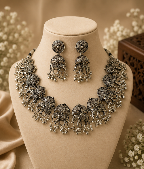 Royal Elephant Oxidised Statement Necklace Set