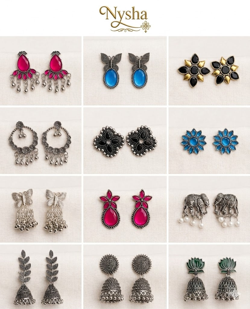 Set Of 12 Oxidized Designer Stud Earrings With Folding Jewelry Box