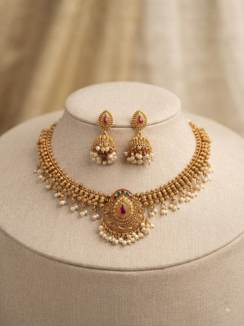 Premium Matte Finish Rani Necklace Set with Jhumka Earrings