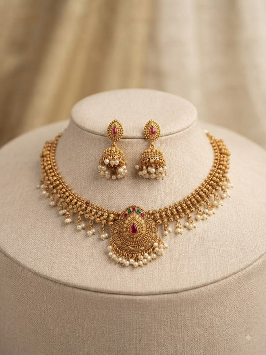 Premium Matte Finish Rani Necklace Set with Jhumka Earrings