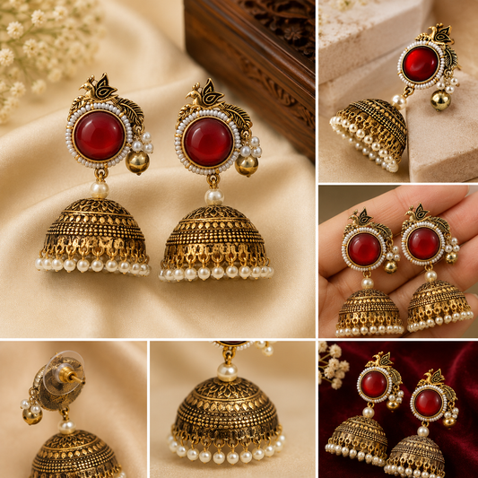 Antique Red Stone Pearl Jhumka Earrings for Women