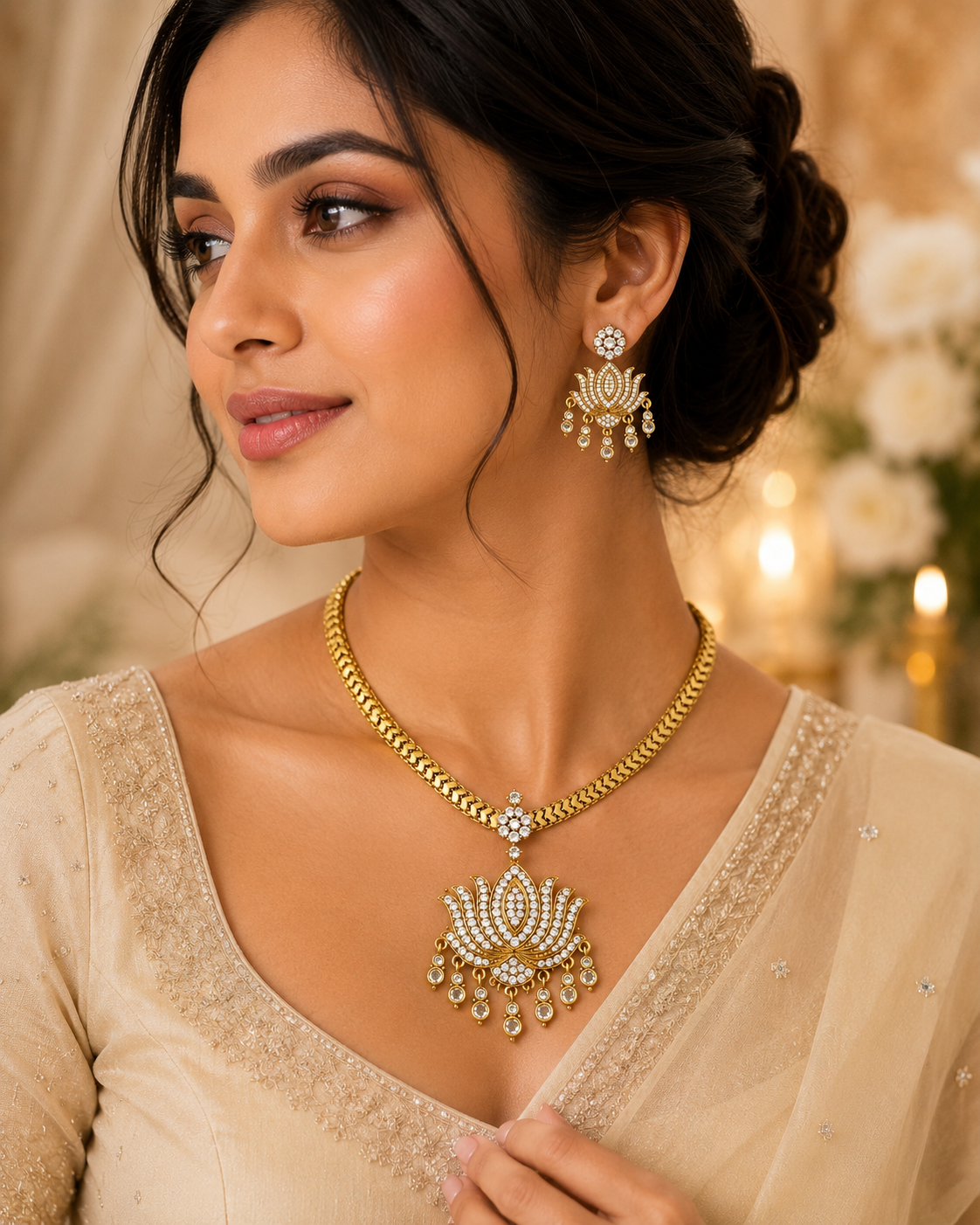 Lotus Charm AD Necklace Set with Matching Earrings