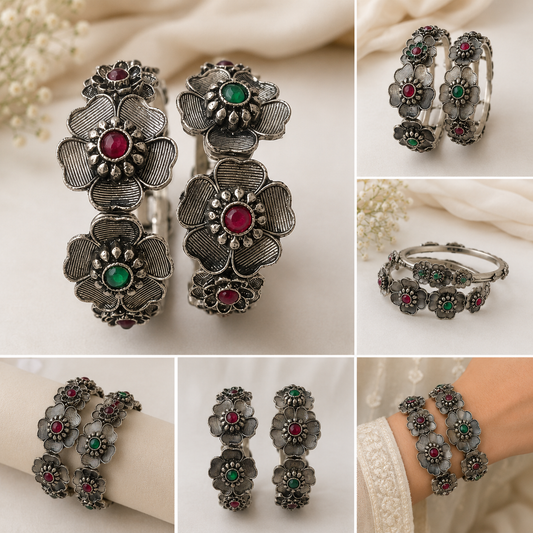 Oxidized Floral Stone Bracelet Pair for Women