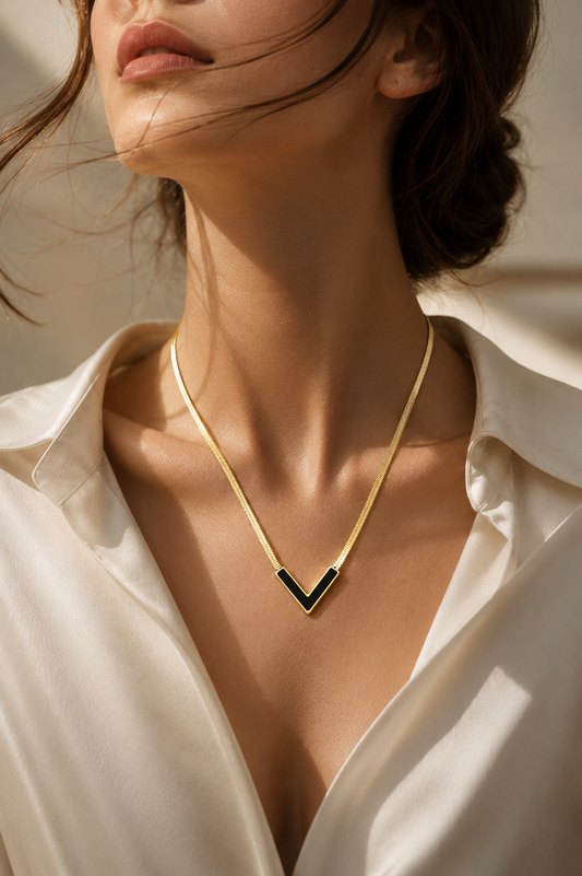 Sexy V-Shape Pendant Flat Snake Chain Necklace Stainless Steel Plated 18K For Women Luxury Style