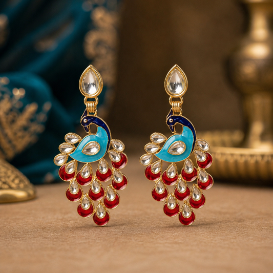 Decorative earrings with peacock design.
