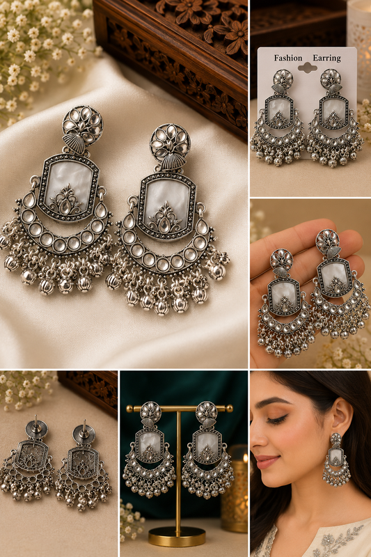 Moonstone Mirror Chandbali Oxidised Earrings