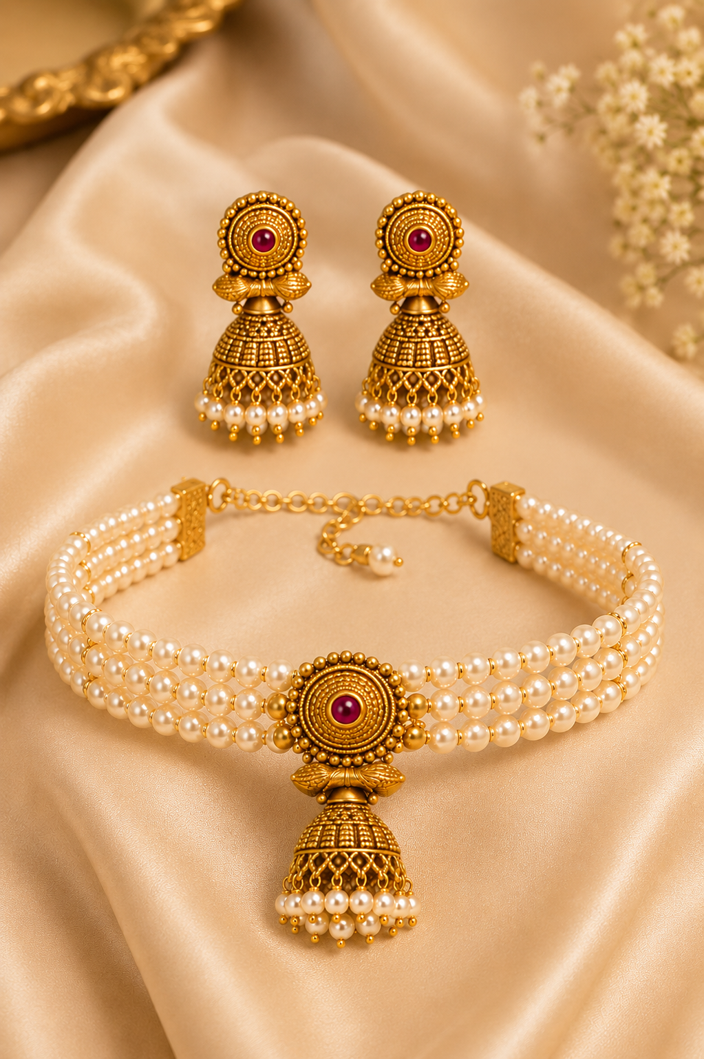 Traditional Pearl Choker Necklace Set with Matching Jhumka Earrings