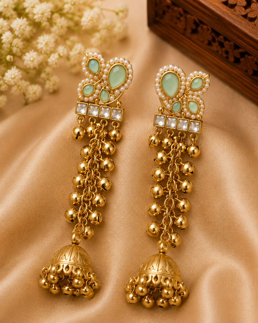 Emerald Pearl Long Jhumka Earrings