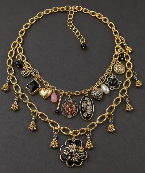 Gold necklace with various charms on a dark background