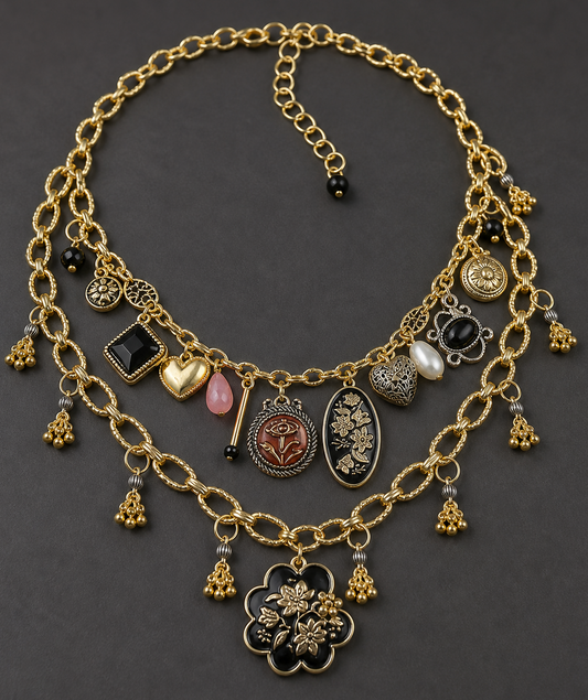 Gold necklace with various charms on a dark background