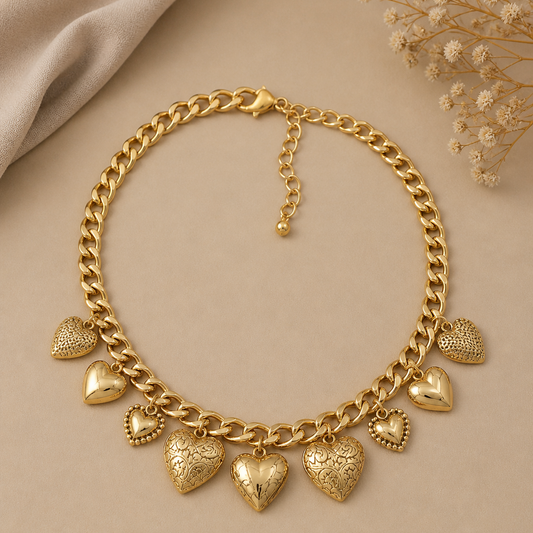 Gold necklace with floral.

