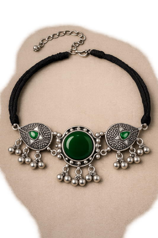 German Silver Green Monalisa Stone Choker Necklace for Women
