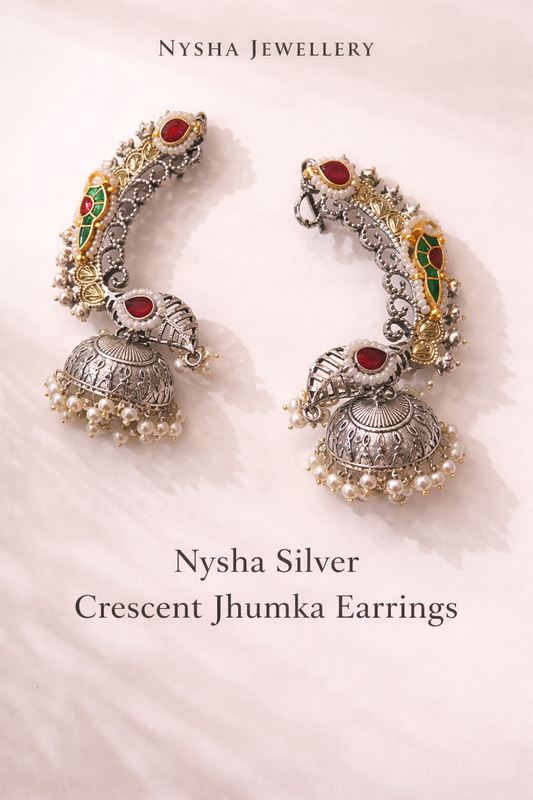 Nysha Silver Crescent Jhumka Earrings