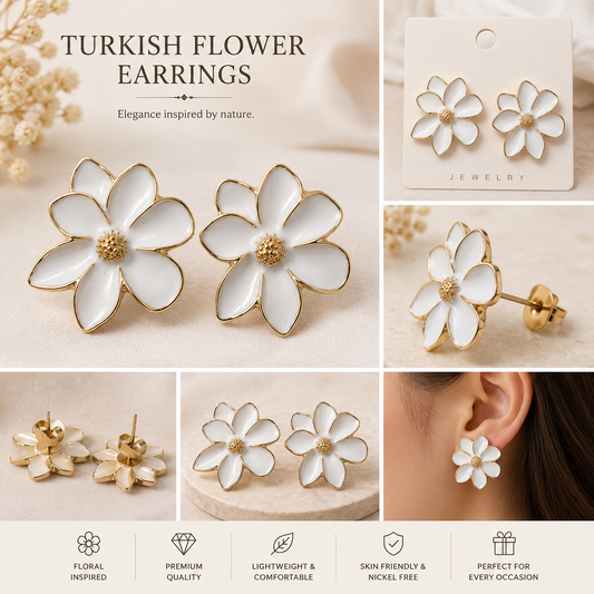 Turkish White Floral Stud Earrings for Women