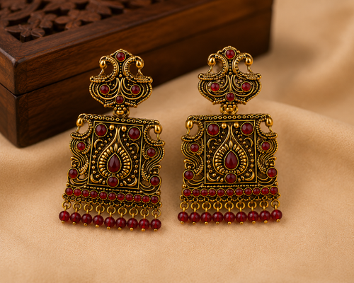 Royal Ruby Antique Jhumka Earrings