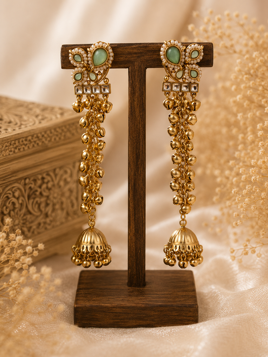 Emerald Pearl Long Jhumka Earrings
