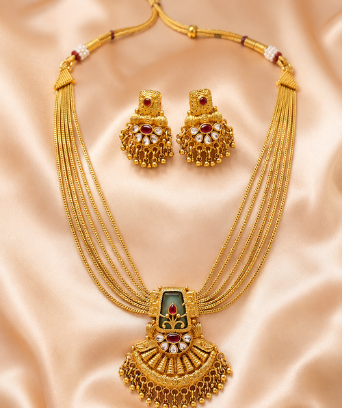 Nysha Traditional Antique Gold-Finish Temple Necklace Set with Emerald & Ruby Accents